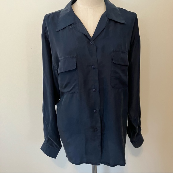 Tops - VTG Women’s SZ. M Navy Silk Blouse Button Front Long Sleeve Preppy Old Money